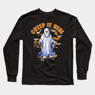 Creep It Real Skateboarding Ghost Retro Halloween Costume Long Sleeve T-Shirt